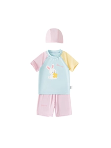 Three-piece kids swimsuit set with cartoon bunny print and matching swim cap in pink