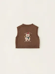 Gilet lavorato a maglia marrone per bambini con ricamo orso e scollo a V casuale