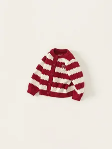 Kids red and white striped knit cardigan with heart embroidery and red buttons