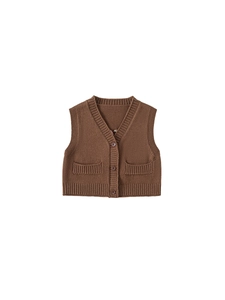 Gilet in maglia marrone scuro per bambini con scollo a V, bottoni e tasche per la primavera