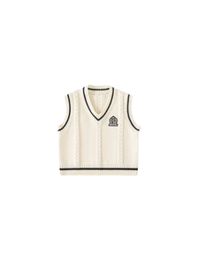 Classic preppy V-neck cable knit vest in cream with navy stripes and embroidered badge