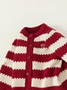 Girl's red and white striped knit cardigan with heart embroidery and red resin buttons