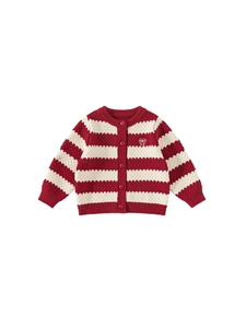 Girl's red and white striped knit cardigan sweater with heart embroidery detail