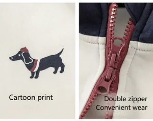 Détail d'un sweat à capuche pour enfant avec motif teckel et double fermeture éclair