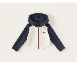 Détail d'un sweat à capuche enfant avec manches contrastées et broderie de teckel