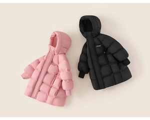 Detailed view of quilted long puffer coats for girls in pink and black colors