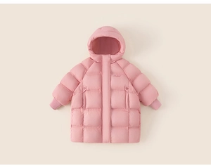 Close-up of pink quilted kids down coat featuring windproof ribbed cuffs and hood