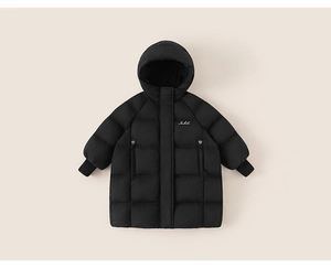 Detailed view of black quilted puffer coat featuring windproof ribbed cuffs and logo