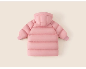 Back view of pink hooded winter coat for girls with warm quilted padding and ribbed cuffs