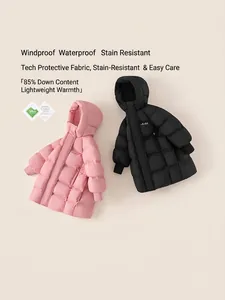 Winter long hooded down jacket for girls with 85% down fill and waterproof fabric