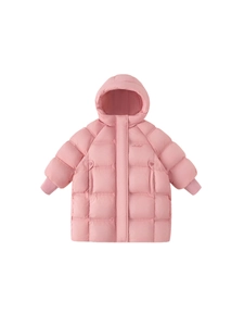 Girl's long pink hooded down jacket with quilted pattern and warm elastic ribbed cuffs