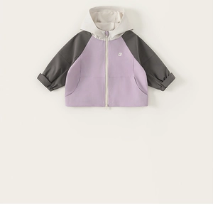 Detail of kids hooded color-block jacket with mauve purple and gray sleeve design
