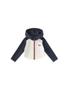Veste à capuche zippée pour enfant bleu marine et beige avec broderie teckel