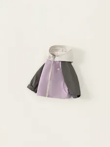 Girls outdoor hooded jacket with purple and grey color-blocking and zip front