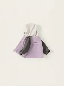 Kids color-block hooded jacket in lavender and grey with adjustable velcro cuffs