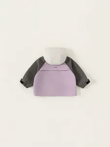 Girls' windproof hooded jacket in purple and grey color-block with back print