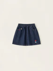 Jupe en Jean Douce pour Filles Avec Broderie de Fleurs et Champignons Taille Élastique Mélange de Coton Jupe Courte en Ligne A pour Enfants