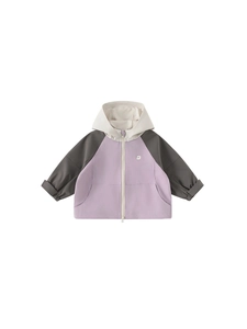 Girls contrast color hooded jacket in purple and grey with windproof zipper closure