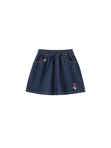 Jupe en jean bleu foncé pour filles avec broderie florale et taille élastique confortable