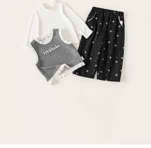 Ensemble 3 pièces pour fille avec gilet à volants, col roulé et pantalon à nœuds
