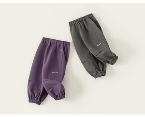 Detailed flat lay of boys casual cargo pants in purple and grey with elastic waist and cuffs