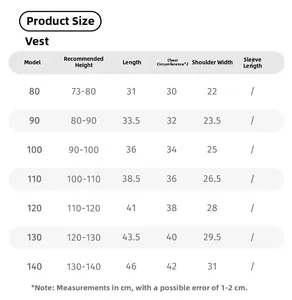 Tableau des tailles pour ensemble gilet fille indiquant la taille et les mesures du corps