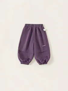 Dark purple kids cargo pants with elastic waist and tapered cuffs for casual wear