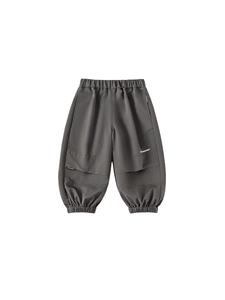 Boy's dark grey jogger pants with elastic waist and stylish knee pleats for casual wear