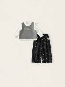 Ensemble de Vêtements 3 Pièces pour Filles Chemise Blanche à Manches Longues Gilet Gris Bordé de Dentelle Pantalon Noir à Imprimé Nœud