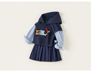 Detailed flat lay of girls' navy hoodie with dachshund patch and pleated plaid skirt