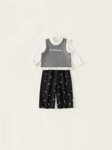 Ensemble 3 pièces automne pour fille avec gilet en tricot et pantalon large fleuri