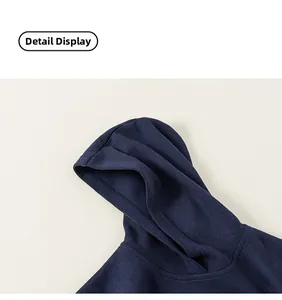 Detailed macro view of navy blue hooded sweatshirt inner fabric and hood texture