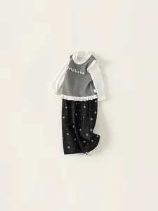Ensemble d'automne 3 pièces pour filles avec chemise à col dentelle, gilet et pantalon
