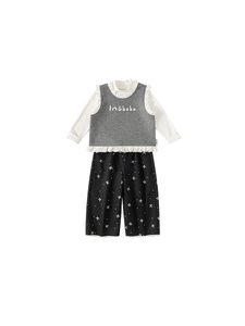 Tenue trois pièces pour fille avec gilet dentelle, haut col haut et pantalon à nœud