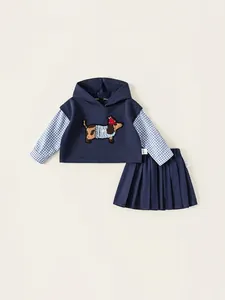 Girls Navy Blue Hooded Sweatshirt And Pleated Skirt Outfit Fake Two Piece Top Plaid Sleeves Dog Embroidery Kids Clothes