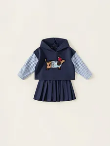 Navy blue girls' two-piece set featuring a hooded faux-layered top and pleated skirt