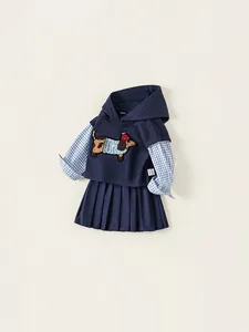 Girls dark blue hooded sweatshirt with dachshund patch and matching pleated skirt set