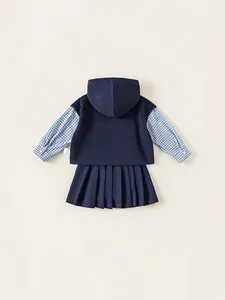 Navy hooded wool vest with plaid shirt and pleated skirt 3-piece kids autumn set