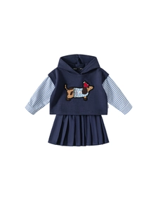 Three-piece girls' school outfit with navy hooded vest, plaid shirt, and pleated skirt