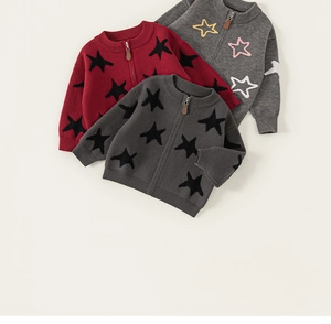 Close-up of knit cardigans with star patterns, ribbed cuffs and leather zipper pulls