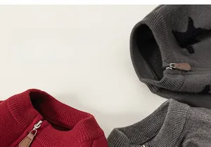 Detail of soft knitted sweater collars with metal zippers and star pattern texture