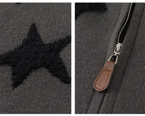 Detail of star jacquard knit fabric and high-quality metal zipper with leather puller