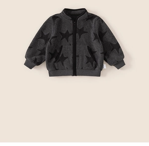 Detail of boys' dark grey fleece jacket featuring black star patterns and ribbed cuffs