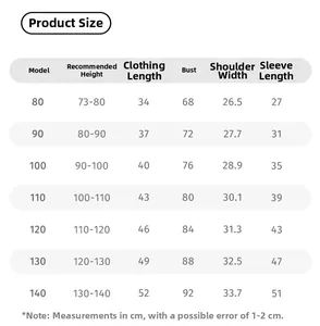 Size guide for boys fleece lined star print jacket with detailed measurements 80-140