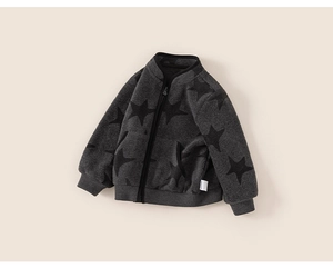 Detail of dark grey fleece jacket showing soft thick fabric and star pattern print