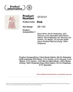 Detail view of pink three-piece girls knit set with size guide from size 80 to 140