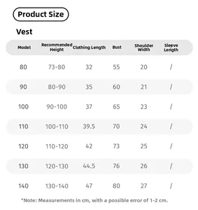 Detailed size guide table for toddler girls tweed vest set showing height and chest measurements