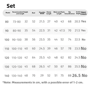 Detailed size chart for girl's 3-piece set including vest and mesh pants measurements
