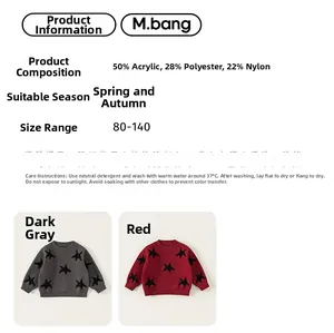 Detail view of boys star sweater composition and size chart in grey and red