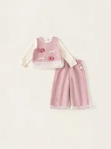Girls Vest Long Sleeve Top And Pants Set Pink Tweed Plaid Bow Lace Ruffle Elegant Sweet Outfit Fall Spring Clothes